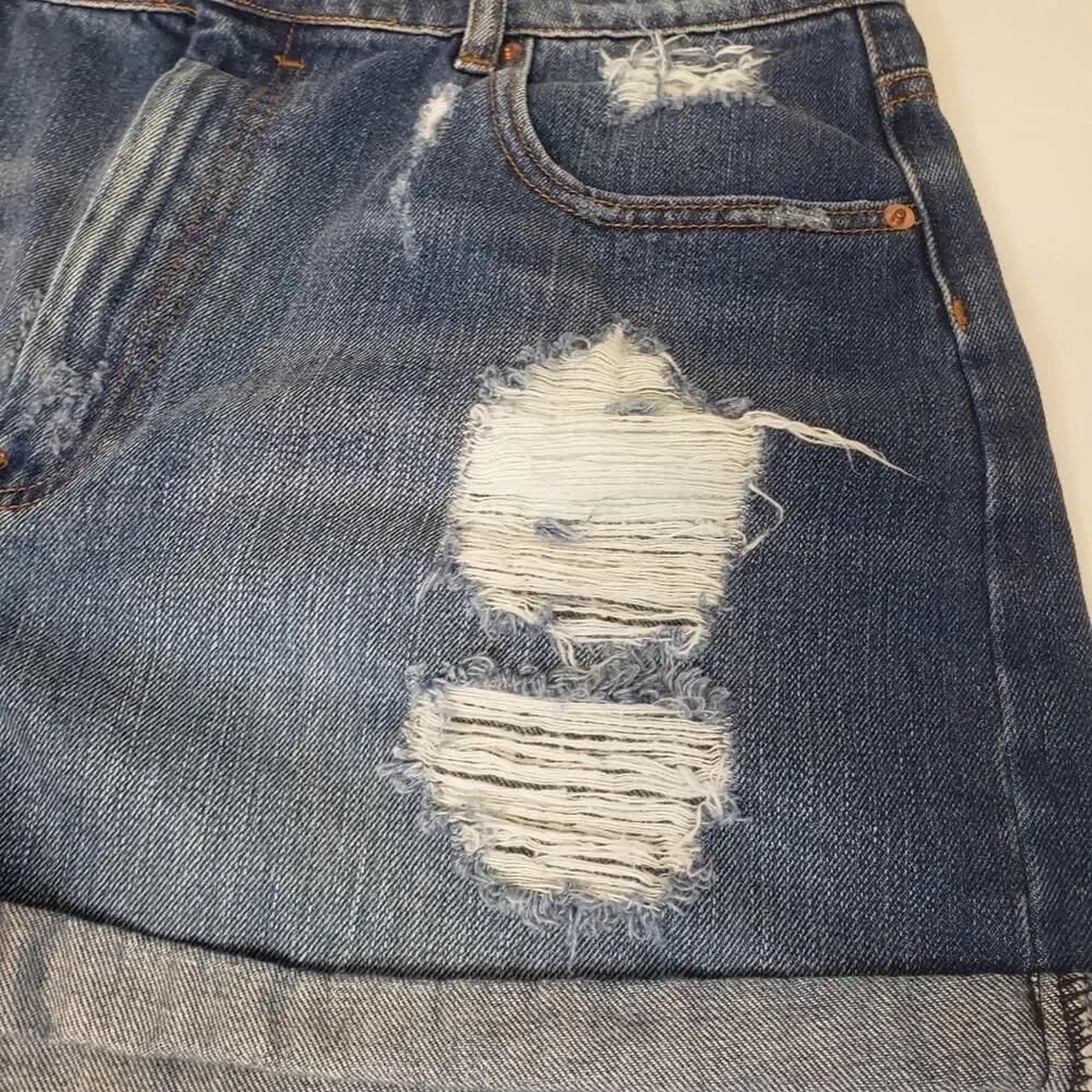 Asos denim jeans shorts distressed high waisted mom rolled hem size 12